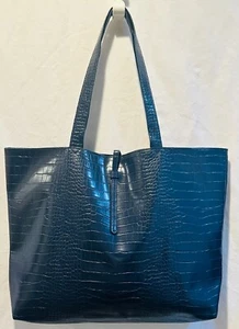 SAKS FIFTH AVENUE Navy Blue Embossed Croc Faux Leather Tote Shoulder bag - Picture 1 of 11