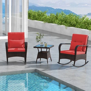 3 Piece Outdoor Rocking Set Rattan Rocker Chairs w/ Tempered Glass Coffee Table - Picture 1 of 10