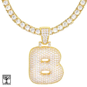 Iced CZ Bubble Letter B Initial Gold Plated Pendant 24" Tennis Chain Necklace - Picture 1 of 3