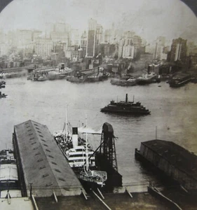 Antique New York Skyline Photo Stereoview Harbor Brooklyn Ferry Water Front 1908 - Picture 1 of 5