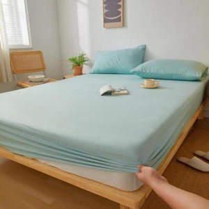 Solid Color Cotton Mattress Cover -Non Slip Adjustable Bedsheet Fitted Bed Sheet - Picture 1 of 40