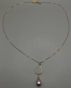 Seyana Momi White Druzy Crystal Pendant Necklace 14K GF Gold Filled Pink Pearl - Picture 1 of 11