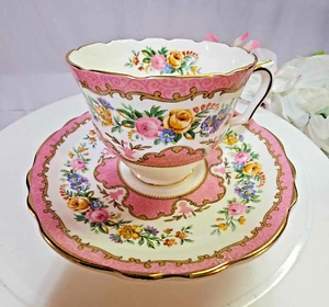 Vtg Crown Staffordshire China Lyric /Tunis pattern cup & saucer pink rose floral - Picture 1 of 10