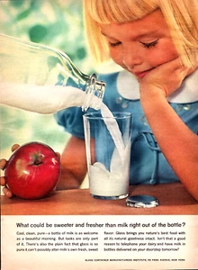 Milk Glass Bottle Blonde Hair Happy Child Blue Dress Apple Vintage Print Ad 1957 - Picture 1 of 4