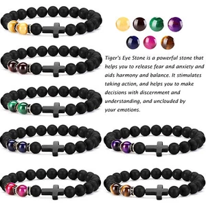 Cross Natural Stone Bracelets Tiger Eye Lava Bead Bangle Men Women Charm Jewelry - Picture 1 of 20