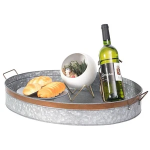 2 Large VTG Style Oval Rustic Galvanized Metal Serving Tray Gray Farmhouse - Picture 1 of 11