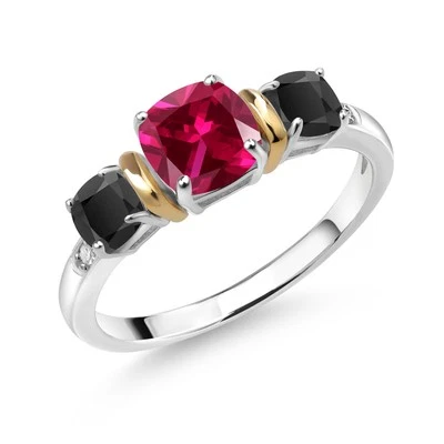 Anillo Cojín 1.58 Ct Rojo Creado Rubí Negro Ónix Plata 925 y Oro Amarillo 10K Foto 1 de 3