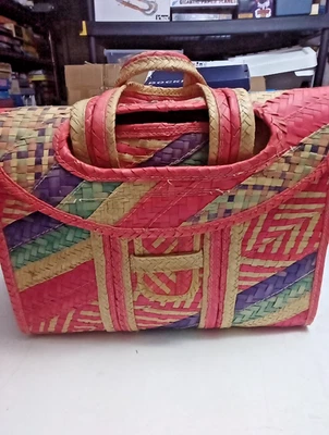 Mexico Edo. De Oaxaca Handmade Woven Large Colorful Straw Basket 9"×12"×16" - Image 1 of 4