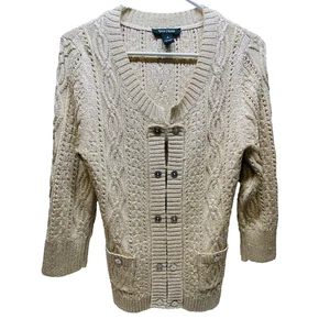 White House Black Market Cardigan Sweater Women's Small Gold Metallic Knit EUC - Picture 1 of 15