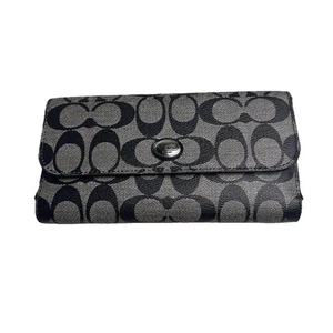 Coach Signature große dreifach faltbare Leder schwarz grau Scheckbuch Brieftasche Einsatz Knopf - Bild 1 von 22