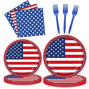 96 Pcs American Flag Patriotic Party Plates and Napkins, Forks Supplies - Dis... - Picture 1 of 7