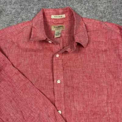 LL Bean Slightly Fitted Classic Linen Button Up Shirt Men’s Large Red Chambray - Image 1 of 4