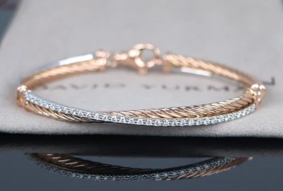 $5,750 David Yurman Oro Rosa 18k Pavé Diamante 3mm Cable Eslabón Cruzado Brazalete Foto 1 de 4