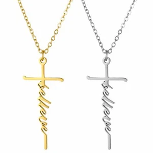 Stainless Steel Faith Jesus Cross Necklace Believe Pendant Religious For Women - Picture 1 of 15
