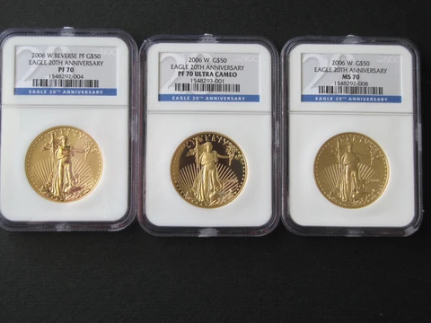 2006 W  GOLD EAGLE 20TH ANNIVERSARY SET NGC-70, 3 Coin Set- MS70, RP70, PF70U.C Cover