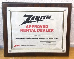Vintage Zenith dealer Approved Rental Dealer wall plaque framed certificate - Picture 1 of 7