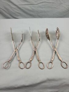 Lot of 3 Vintage Silver Plated / Zinc Alloy ORNATE SCISSOR SERVING TONGS