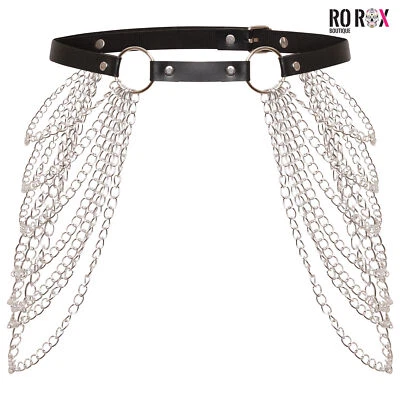 Gothic O-Ring Layered Silver Chain Belt - Ladies Punk Faux Leather Buckle Belts - Image 1 of 4
