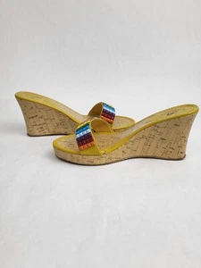 BOLARO by SUMMER RIO Yellow Wedge Cork Sandals Size 10 High Heels Platform - Picture 1 of 15