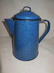 Vintage 7 cup Blue Enamel Camp Hot Water Or Tea Pot  - Picture 1 of 7