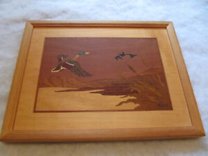 Hudson River Inlay Marquetry Wood Ducks in Flight Picture Signed Nelson 