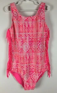 Justice Swimsuit Girl's Size 12 One Piece Pink White Aztec Print Side Fringe - Picture 1 of 8
