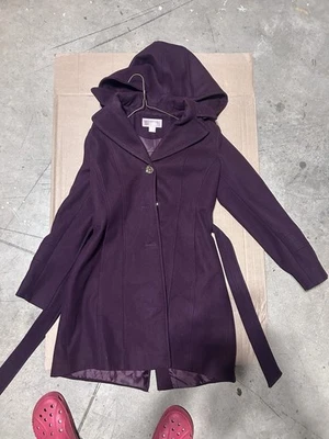 Michael Kors Pea Coat Womens Maroon Wool Blend Belted Hooded - Image 1 of 4