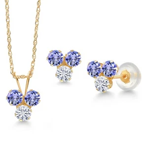14K Yellow Gold Tanzanite and White Moissanite 3 Stone Pendant Earrings Set For - Picture 1 of 3