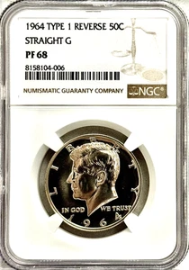 1964 PROOF TYPE 1 STRAIGHT G KENNEDY HALF NGC PR68, NO HAZE OR ADVERSE TONING - Picture 1 of 2