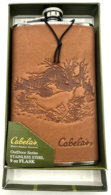 Cabela's Flask w/Sculpted Leather Cover, 9 oz. Stainless Steel Deer - Image 1 of 4
