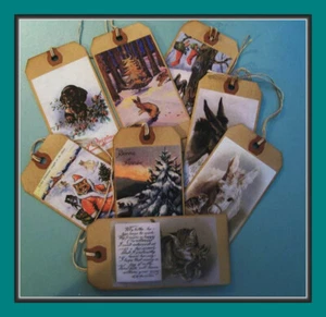 WEIHNACHTEN TIERE AUS ALTEN POSTKARTEN - ACHT PRIMITIVE HÄNGEETIKETTEN - SET #1 - Bild 1 von 4