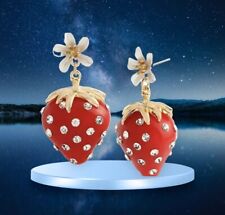New Betsey Johnson Red Strawberry White Lilly Drop Stud Rhinestone Earrings