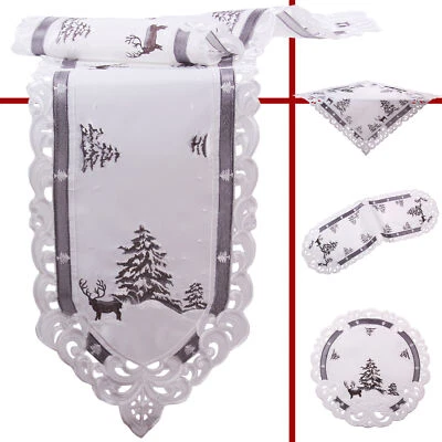 Weihnachten Tischläufer Tischdeckchen Deckchen Hirsche Stickerei  Weiß Grau  - Bild 1 von 2