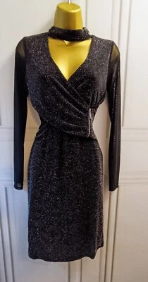 Star By Julien Macdonald Size 10 Black Glitter Long Mesh Sleeves High Neck Dress - Image 1 of 4