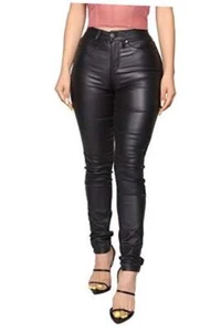 Womens High Waisted Stretch Faux Leather Pants PU Coated Legging 11 Black - Picture 1 of 6