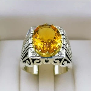 AAA+ Natural Citrine Gemstone Real 925 Sterling Silver Gemstone Solid Men's Ring - Picture 1 of 4
