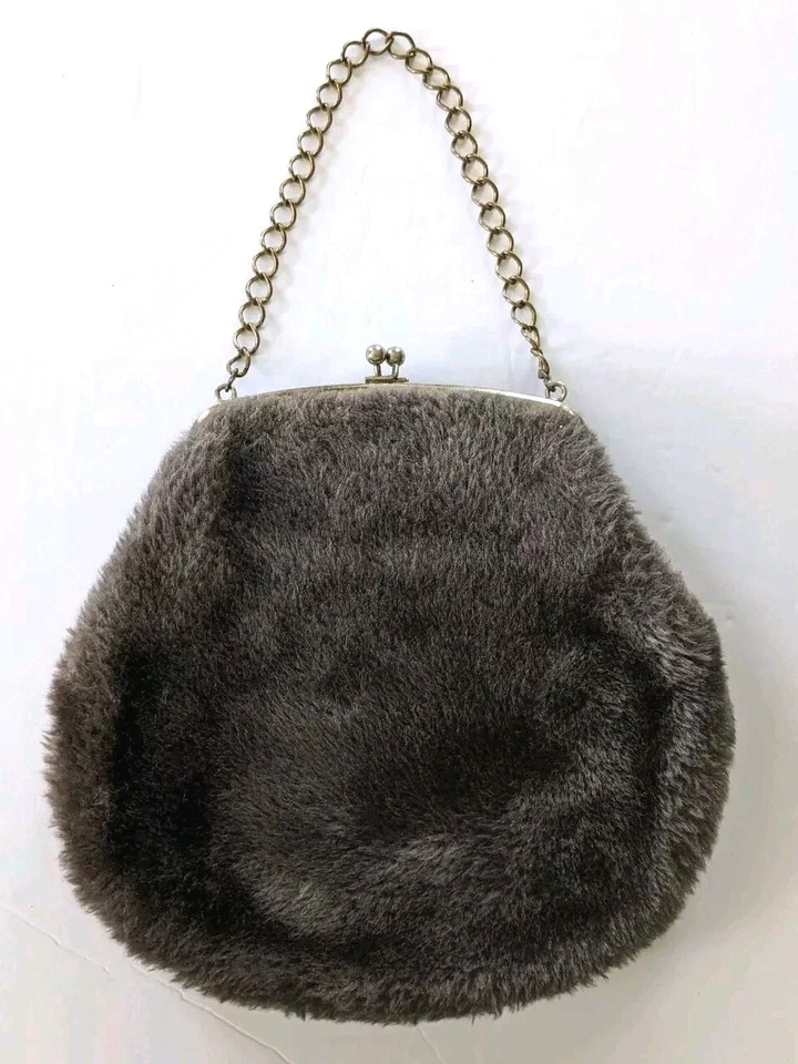 Cartera de Colección Años 60 Piel Sintética Felpa Mod Groovy Bolso de Mano Latón Cadena Mango Cierre Gris Foto 1 de 4