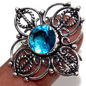 925 Silver Plated-Blue Topaz Ethnic Handmade Ring Jewelry US Size-8.5 MJ - Picture 1 of 3