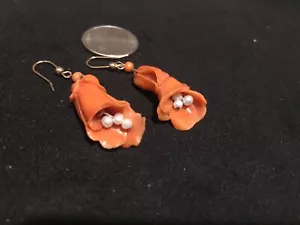 Antique 14K YG Coral Earrings Carved Magnolia Seed Pearls Qing Dynast Large 9g - Picture 1 of 8