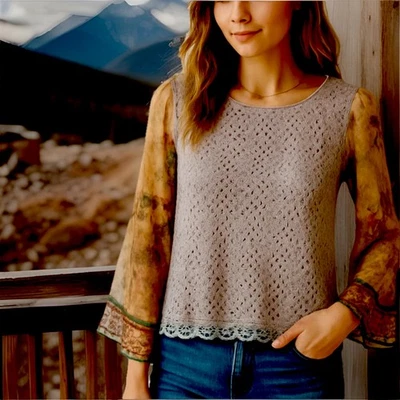 Blusa Camisa Sundance Top Para Mujer Grande de Encaje L Floral Mangas de Seda Boho Romántica Foto 1 de 4