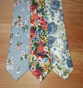necktie SLIM SKINNY DAZI COTTON LOT  FLORAL MULTICOLOR FLOWERS rose blue pastel - Picture 1 of 4