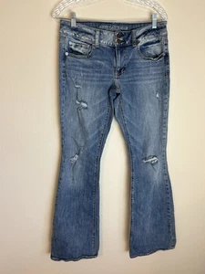 Jeans American Eagle donna 8 svasati super denim blu artista elasticizzato Y2K vita bassa - Foto 1 di 6