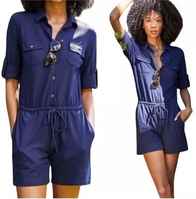 J Mclaughlin Romper Jacquard Textured Button Front Navy Blue Sz S Elastic Waist - Image 1 of 4