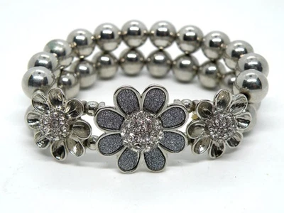 Pulsera Joyería Elástica Flor Floral Cuentas Cristal Tono Plata Estrás Foto 1 de 4
