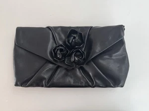 RARE Vintage FERRAGAMO Black Leather Roses Floral Applique Purse Clutch - Picture 1 of 6