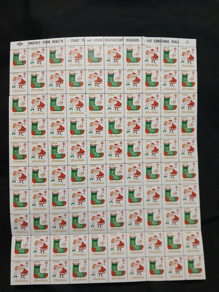1964 WX220 Boy/Girl/Santa/Stocking sheet of 100 US Christmas Seal. - Image 1 of 1