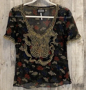 Free People Sheer Black Multi Floral Ruffle Lace Deep V-Neck Whimsy Top Shirt M - Picture 1 of 9