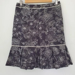 ANN TAYLOR LOFT Sz 6 100% Linen Black Cream Floral Skirt Side Zip Pleated Hem - Picture 1 of 13