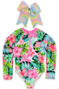 Swim Suit 4T Toddler Girls One Piece Tie Dye Bow Long Sleeve Swimwear Combo - Picture 1 of 6