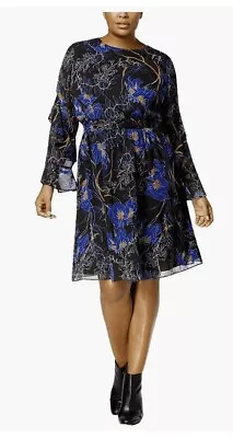 INC Designer Women's Plus Ruffle Sleeve Flower Party Dress Black blue  Plus 2X - Image 1 of 2